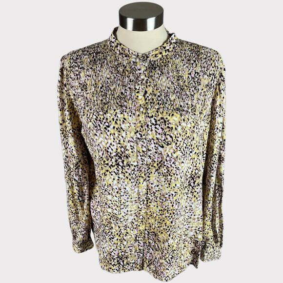 Time and Tru Womens Medium Button Front Blouse Top Yellow Black Print Viscose - Picture 1 of 10